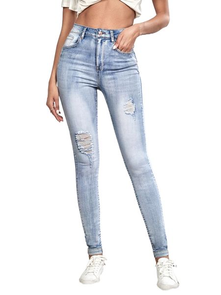 

tall high waist bleach wash ripped frayed skinny jeans v3ec#, Blue