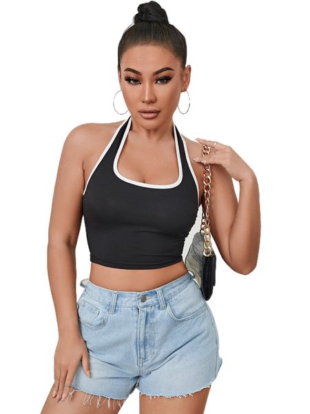 

contrast binding backless crop halter w3gy#, White