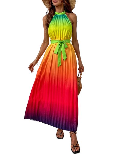 

ombre halter neck tie back pleated belted dress j5pk#, Black;gray