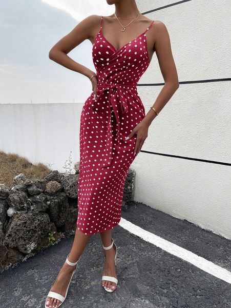 

polka dot print tie front wrap dress m8fa#, Black;gray