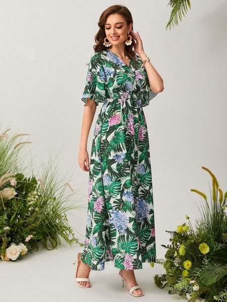

tropical print bell sleeve dress z0r1#, Black;gray
