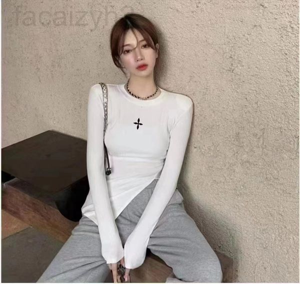 

women's t-shirt designer chaopai 22 early spring new design t-shirt irregular thin split round neck embroidery long sleeve backing wome, White