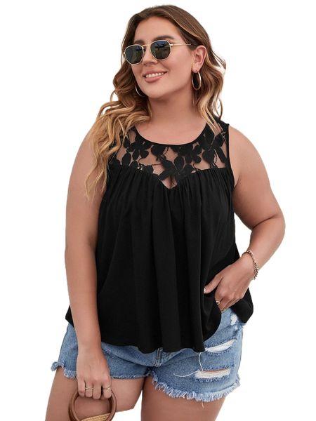 

plus contrast lace keyhole back blouse b4ml#, Black