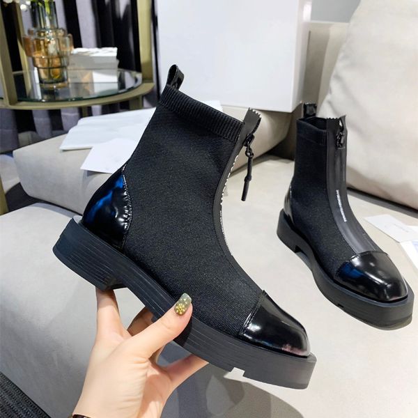 

luxury fashion square toe personalized front zipper martin boots 2022 fall new style stitching eiastic tube thick mid-heel boot, Black