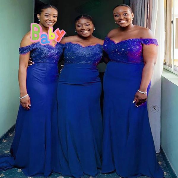 Afrikanisches Königsblau-Rotes Brautjungfernkleid 2022 Plus Size Meerjungfrau formelles Abendkleid Spitze Perlen Hochzeit Gastkleid schulterfrei