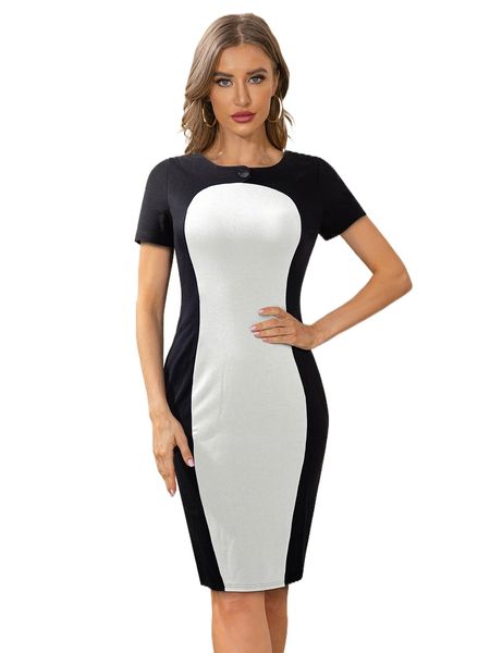 

two tone button detail bodycon dress 09qu#, Black;gray