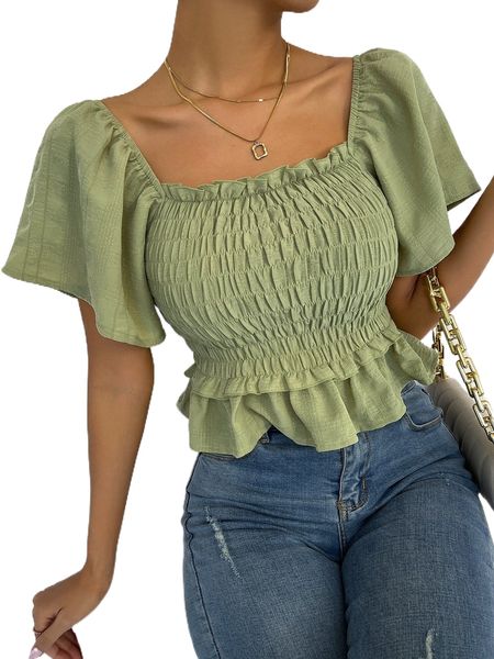 

shirred frill trim ruffle hem b4cq#, White