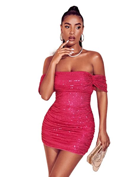 

bae off shoulder ruched sequin bodycon dress u4ze#, Black;gray