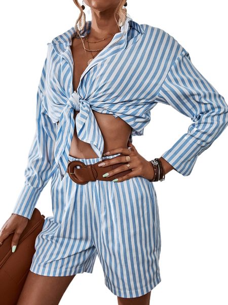 

vertical striped drop shoulder blouse & shorts without belt u0ls#, White
