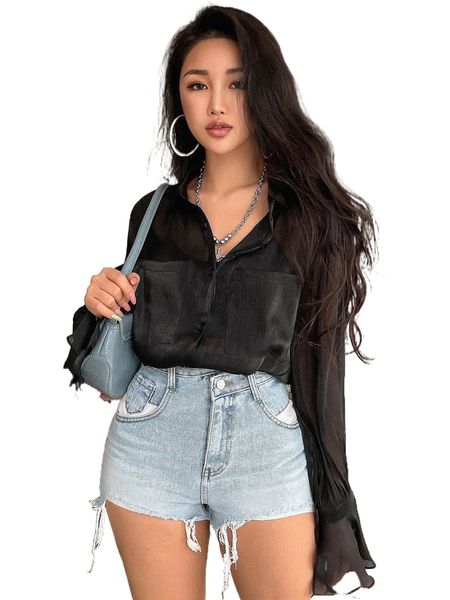 

dazy dual pocket front flounce sleeve shirt n4kx#, White