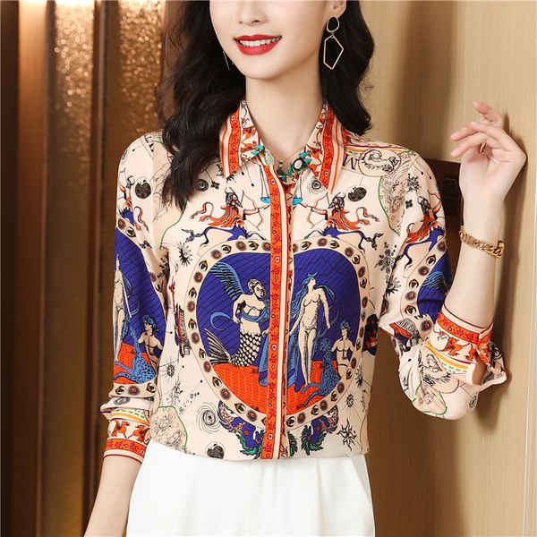 

2022 luxury retro floral silk blouses women long sleeve classic lapel print shirt casual ladies office button up shirts spring autumn woman, White