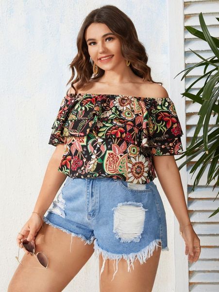 

plus floral print off shoulder ruffle trim blouse f3l6#, Black