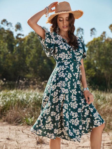 

floral print flutter sleeve ruffle trim tie side wrap dress i9oh#, Black;gray