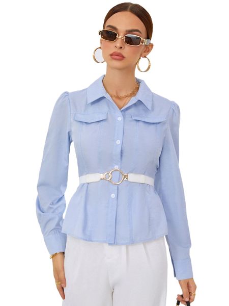 

flap detail puff sleeve blouse without belt q6oj#, White