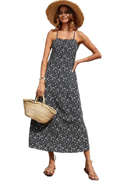 

ditsy floral crisscross backless frill trim cami dress v4o9#, Black;gray