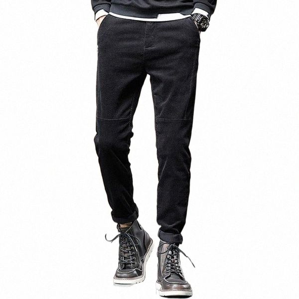 

korean style fashion men jeans elastic slim fit casual corduroy trousers spliced designer smart business pencil pants for men's o09v#, Blue