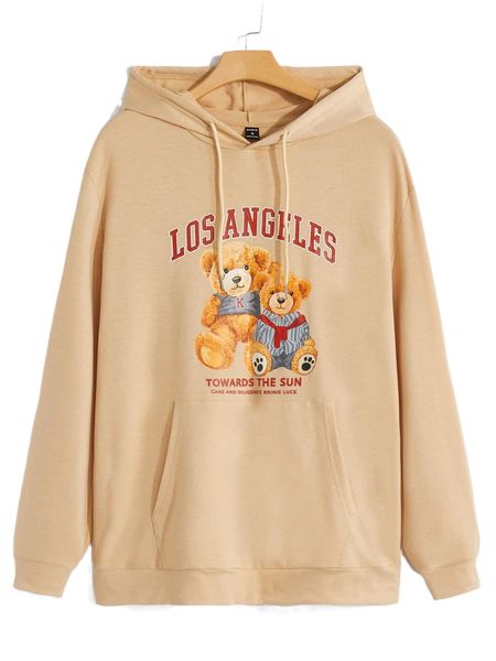 

men bear & slogan graphic kangaroo pocket drawstring hoodie 24gz#, Black