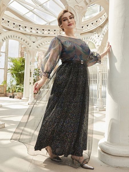 

plus fish scales flounce sleeve belted mesh dress q6oq#, Black