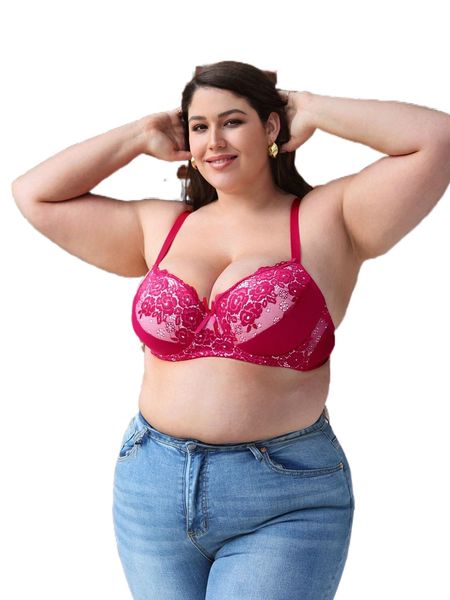 

plus contrast lace bow detail underwire bra 28zg#, Black;white