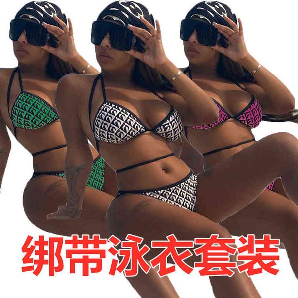 

women's lm8232 bandage digital printed bikini swimsuit set, White;black