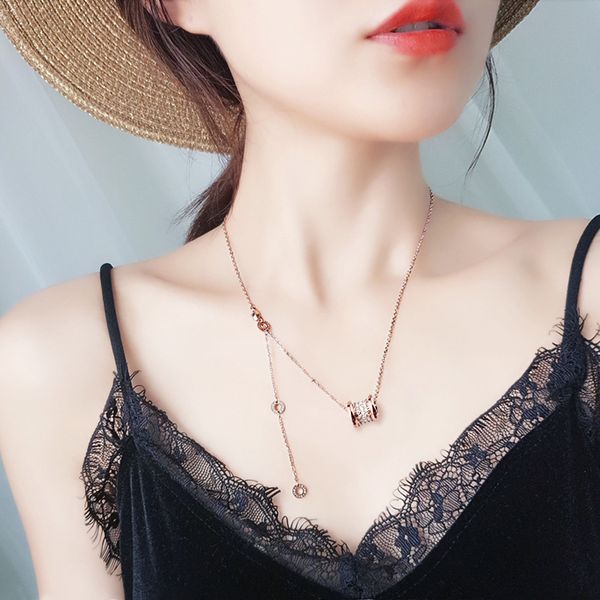 

micro pave cylinder pendant necklace rose gold titanium steel women jewelry, Silver