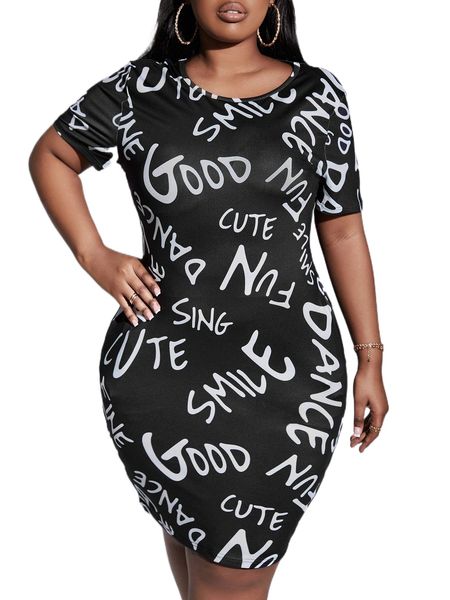 

plus letter graphic bodycon dress k6q9#, Black
