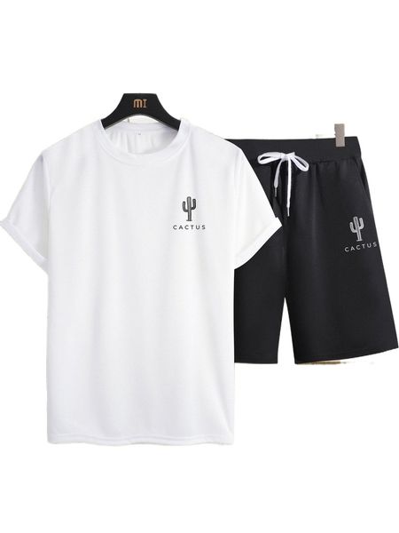 

men cactus & letter graphic tee & drawstring shorts k44d#, Gray