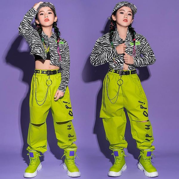 Bühnenkleidung Kinder Hip Hop Kleidung Mädchen Fluoreszierende grüne Hosen Mode Tops Street Dance Kostüm Jazz Performance Outfits Rave BL5916Stage