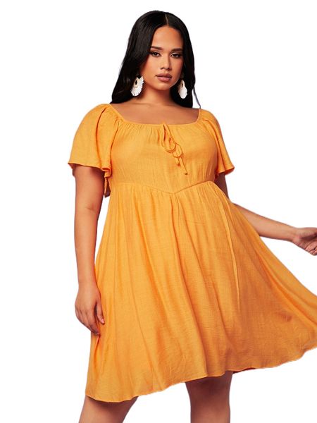 

plus 1pc butterfly sleeve knot front dress w6vm#, Black