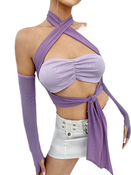 

colorblock ruched crisscross tie backless crop halter & arm sleeves 71t6#, White