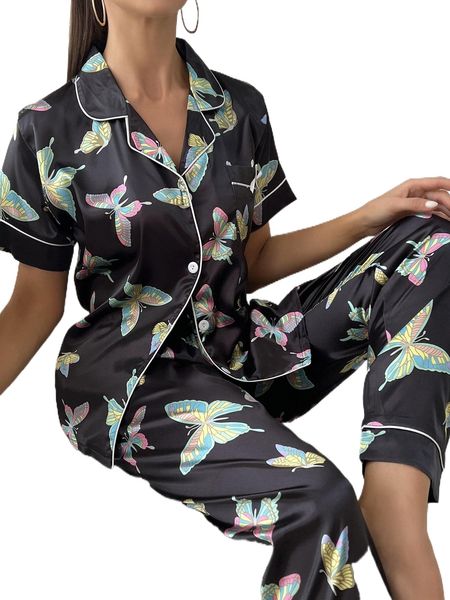 

butterfly print contrast piping satin blouse & pants pj set a3hv#, Black;red