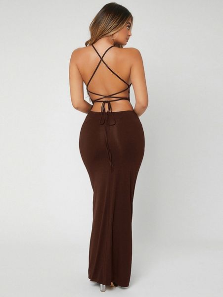 

crisscross tied backless bodycon dress 76u8#, Black;gray