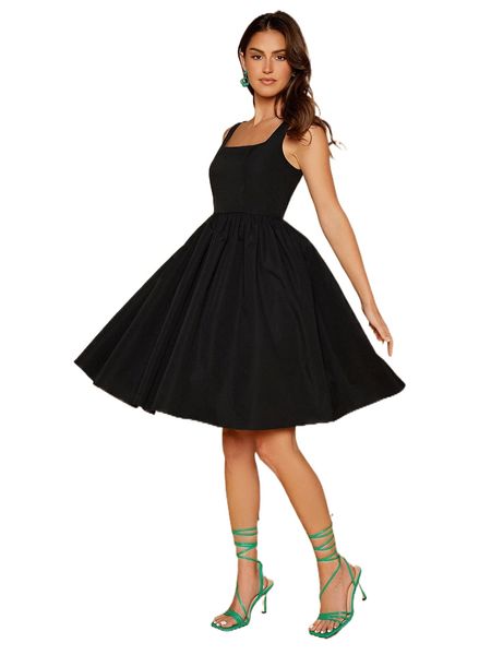 

solid sleeveless fit and flare dress i7x2#, Black;gray