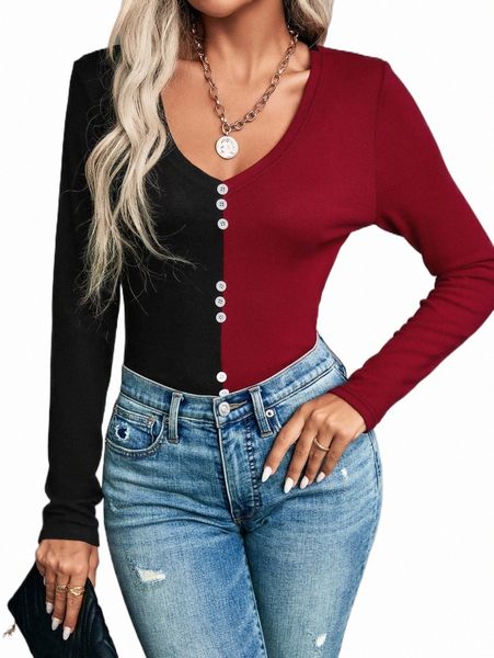 

two tone button front tee 489d#, White