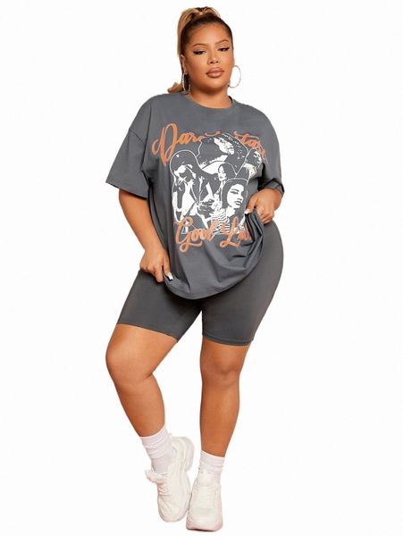 

sxy plus figure & slogan graphic drop shoulder tee t3hq#, Black