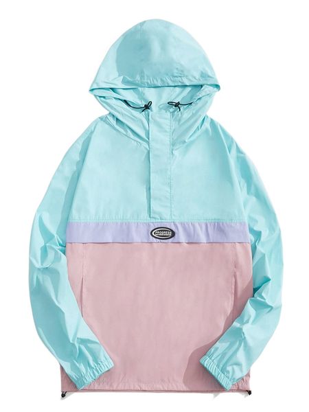 

men colorblock patch detail hooded jacket u0o2#, Black;brown