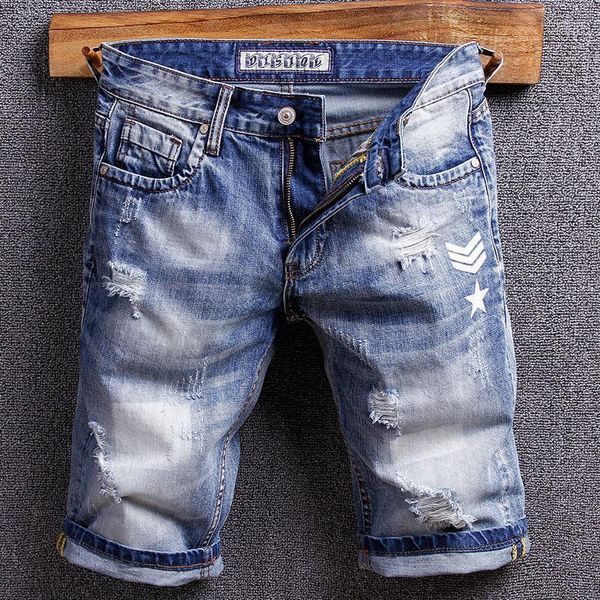 Jeans Masculino Verão Estilo Italiano Moda Masculino Retro Azul Qualidade Top Short Denim Rasgado Estampado Designer Hip Hop Short Homme1