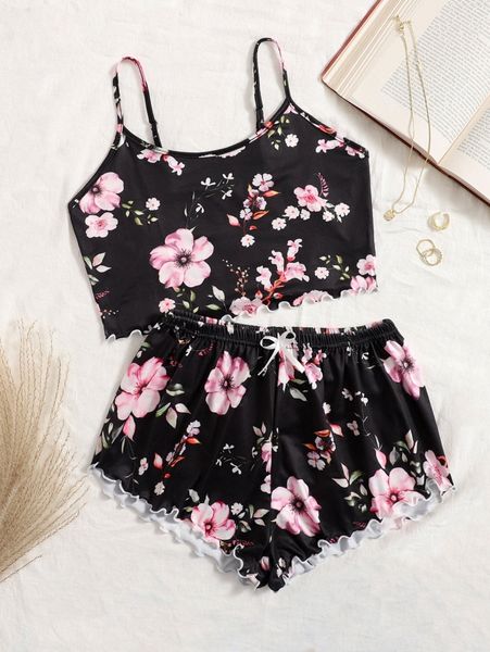 

floral print lettuce trim pj set x8fl#, Black;red