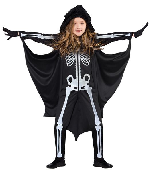 Fantasia de menina de menino batman trajes de trajes de caveira de caveira de bruxa capa de caveira adequada para altura 100cm-150cm