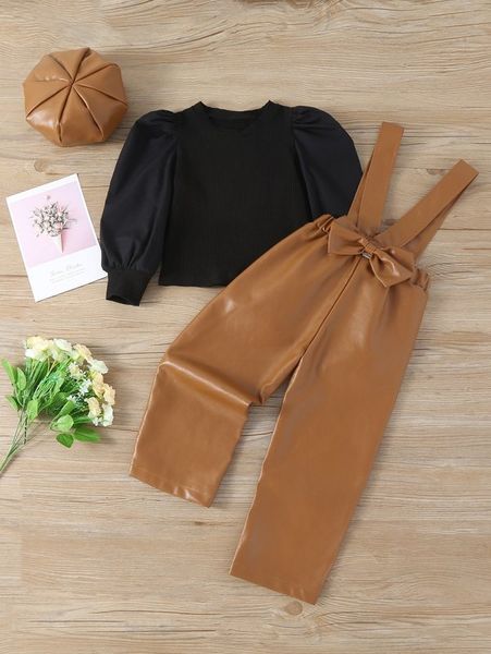 

toddler girls puff sleeve tee & bow front pinafore pants she, White