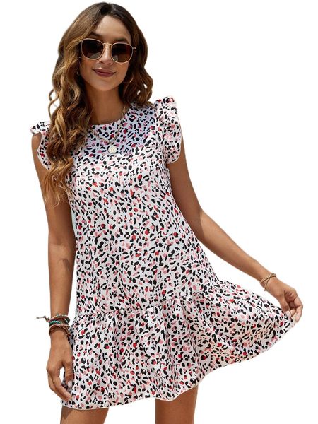 

allover print ruffle trim dress b5v1#, Black;gray