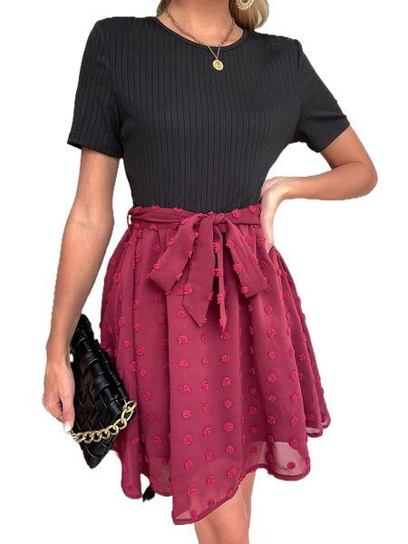 

swiss dot ribbed knit belted dress n6rr#, Black;gray