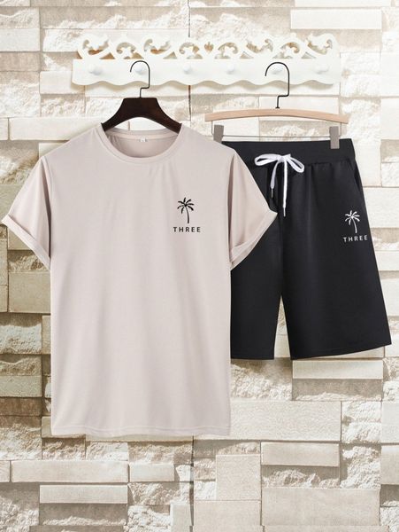 

men palm tree & letter graphic tee & drawstring waist shorts a6i9#, Gray