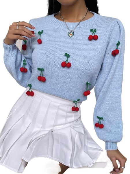 

cherry appliques lantern sleeve sweater v5u4#, White;black