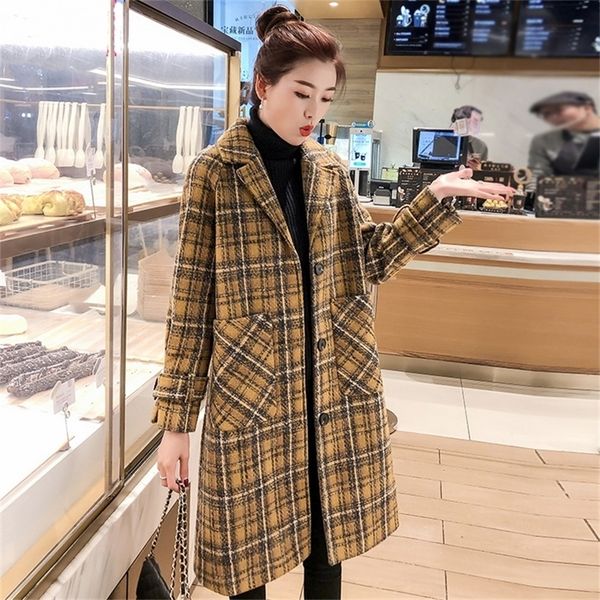 

autumn winter women warm wool coat elegant plaid single breasted blends outwear female big pocket loose mid-long coat 201215, Black