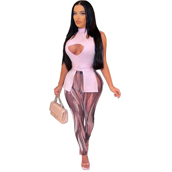 

spring hollowed out printed trousers casual two piece pants set with lace up, White