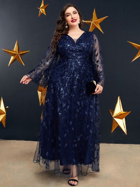 

plus sequin insert plant embroidered trumpet sleeve mesh dress y7c8#, Black