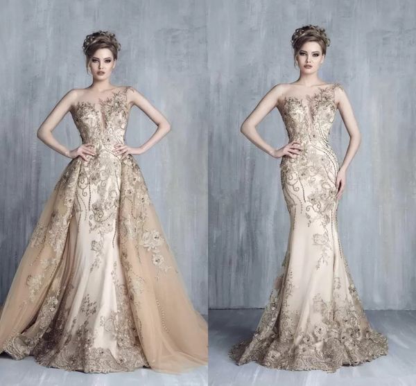 

vestidos de fiesta luxury evening dress illusion bateau mermaid with overskirt appliques beads lace prom dresses maxi wear, Black