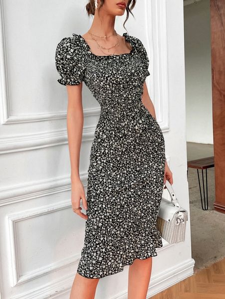 

ditsy floral puff sleeve shirred bodycon dress g8mx#, Black;gray