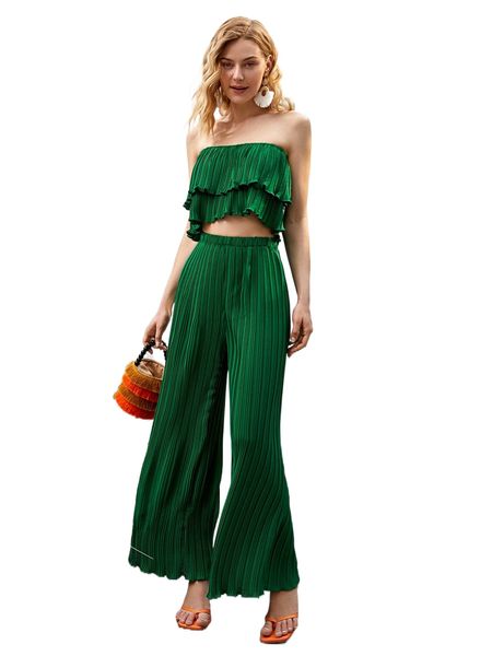 

layered pleated ruffle trim crop chiffon tube & wide leg pants o5ti#, White